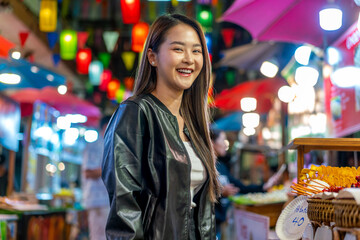 Asian woman enjoying street food at Chiang Mai Walking Street Night Bazaar. Young traveler exploring vibrant night market in Thailand.