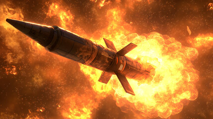 Missile launch in fiery explosion.  Explosive launch of a long-range guided missile in a destructive, fiery burst