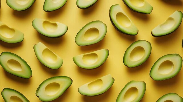 Fresh green avocado halves and slices arranged in vibrant yellow background pattern, showcasing organic tropical fruit with smooth texture, healthy food concept, and natural color appeal