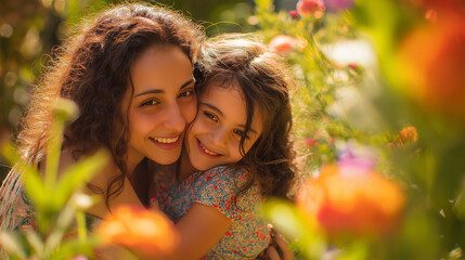 Feliz Dia de la Madre: Beautiful mother and daughter embrace among flowers and love