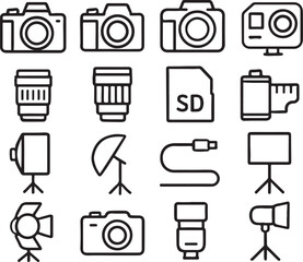 Photography equipment icons on white background camera
