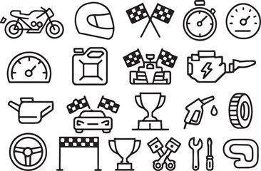 Fototapeta premium Racing icons motorcycle helmet checkered flags car engine tire