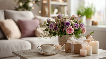 Feliz dia de la madre: Roses bouquet with gift and teacup for a cozy morning scene
