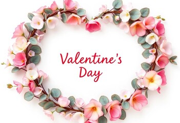 Obraz premium Pastel floral eucalyptus heart wreath on white background Valentine's Day banner, floral arrangement, photography