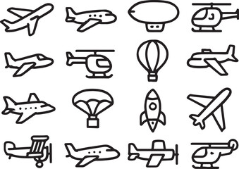 Set of black line icons of various aircraft and air transport
