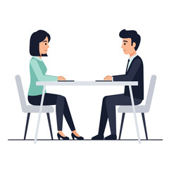 Business meeting illustration, Two colleagues sitting face to face at a desk discussing work, Minimalist business presentation with professional man and woman, sharing plans