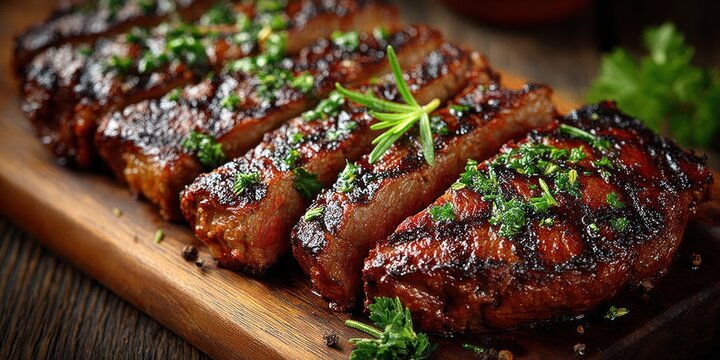 Top-Down Rectangular Wooden Serving Board with Grilled Steaks: Rustic Wood Background, Sunlit Atmosphere, Product Photography