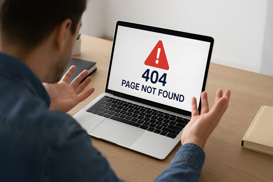 404 page not found error warning on laptop screen, frustrated user sitting at desk, internet connection failure or broken website concept, digital communication problem, browser display issue alert - Powered by Adobe