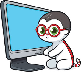 Cute cartoon lemur wearing glasses is sitting at a computer, concentrating on the blue screen in an illustrative style, conveying focus and childlike wonder in a digital setting.