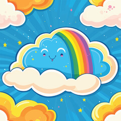 Cartoon cloud with rainbow illustration, showcasing a happy, playful character design suitable for children's themes, featuring pastel colors and a cheerful, whimsical aesthetic.