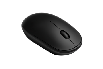 A top-down view of a black wireless computer mouse.  The mouse is oval-shaped and has a smooth, matte finish.  A small button is centered on the top surface