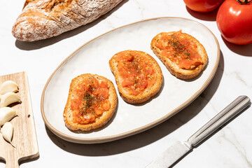Homemade pan con tomate, tomato toast traditional mediterranean breakfast