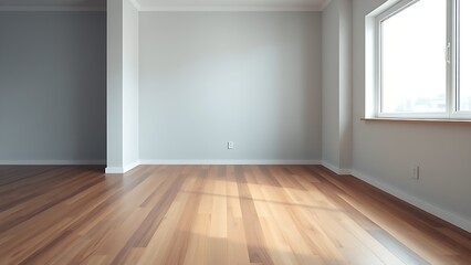 Minimalist mid-century modern living space with wooden floors and soft natural light from a window.