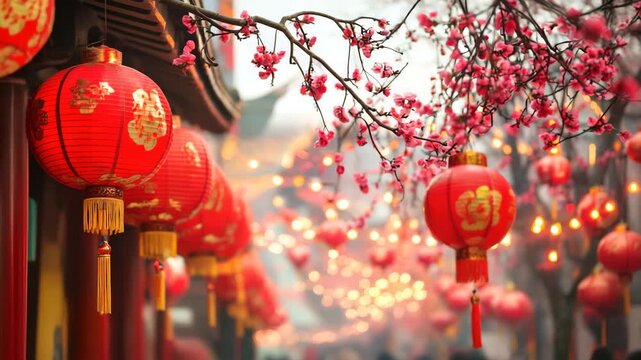 Red lantern cherry blossom festival decoration showcasing traditional Asian culture with bright lights and colorful ornamental designs in outdoor spring celebration full of vibrant festive atmosphere
