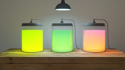 Vibrant Neon Liquid Colors in Glass Containers with Light Source