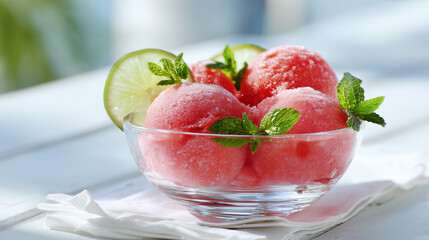 A glass bowl filled with freshly scooped watermelon sorbet, garnished with fresh mint and lime slices, sitting on a white summer table outdoors, soft natural lighting