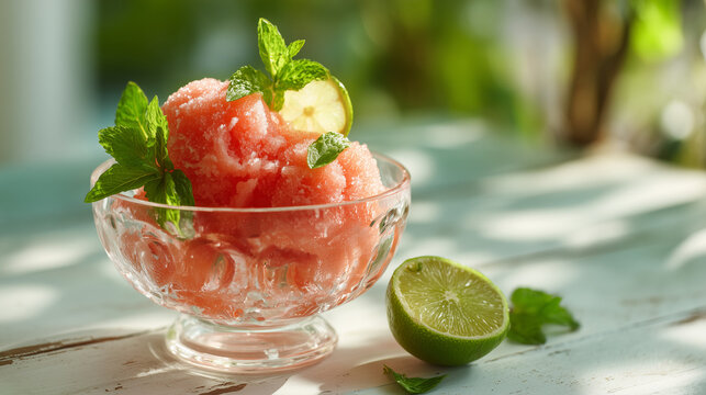 A glass bowl filled with freshly scooped watermelon sorbet, garnished with fresh mint and lime slices, sitting on a white summer table outdoors, soft natural lighting