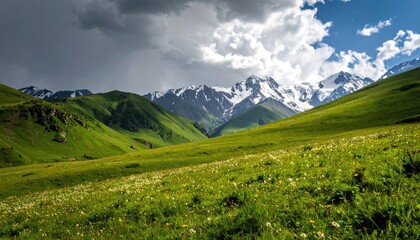 Lush valley with snow-capped peaks