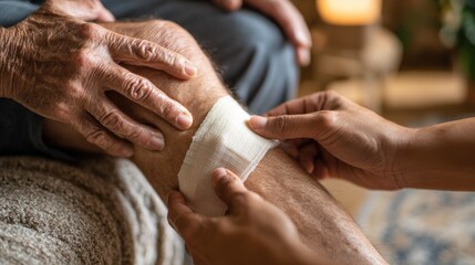 Caregiver Applying Bandage to Senior’s Leg at Home, Emotional Elderly Care Scene