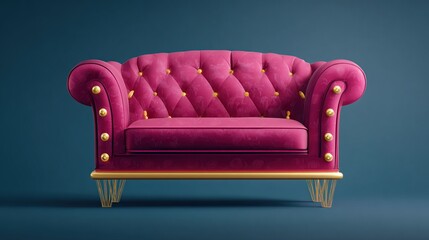 Naklejka premium Rich magenta velvet loveseat with gold trim and buttons against a teal backdrop