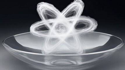 White Fiber Patterns in Glass Bowl with Abstract Atomic Design