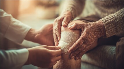 Caregiver Applying Bandage to Senior’s Leg at Home, Emotional Elderly Care Scene
