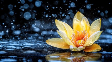 Yellow Water Lily Blossom Surrounded by Rain and Sparkling Drops