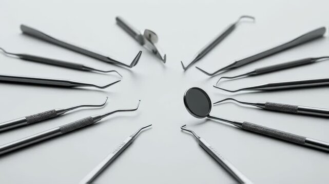 Arrangement of professional dental tools in a circular pattern on a white background, representing modern dentistry concepts footage.