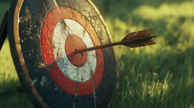 Close up arrow hitting center of weathered archery target outdoors grass capturing moment of precision and focus natural light archery target arrow bullseye outdoor grass focus precision sport aim