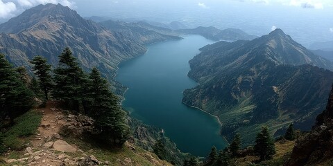 Obraz premium Azores' Crater Lake Serenity: Emerald Green Waters and Misty Surroundings in Portugal