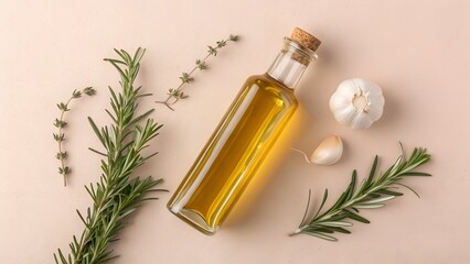 Fototapeta premium Overhead shot of olive oil with rosemary and garlic, a flavorful culinary ingredient