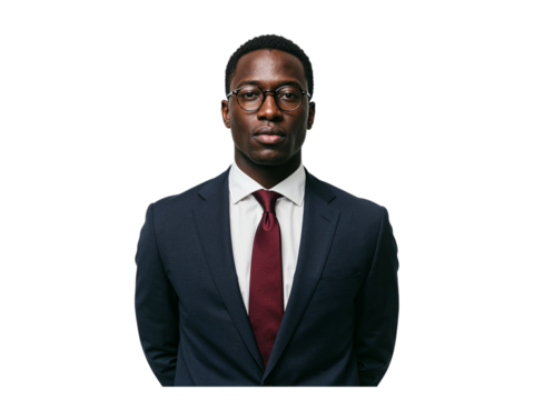Serious african american businessman wearing a dark suit and red tie with glasses isolated on transparent background