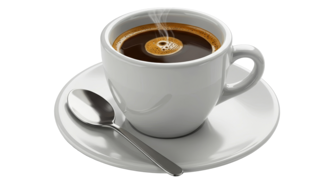 Hot Coffee in White Cup with Spoon on Saucer Refreshment Still Life