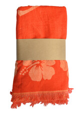 Orange towel on white background, soft bath textile or beach accessory, top view
