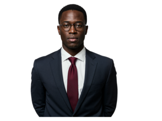 Serious african american businessman wearing glasses and a dark suit with a red tie looking directly at the camera isolated on transparent background