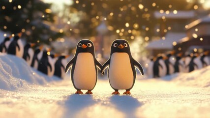 Cute glowing penguin figurines on snow with warm light creating charming winter scene full of joy and peaceful cold animal group background illuminated by soft glowing light - Powered by Adobe