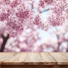 Wooden table with cherry blossoms
