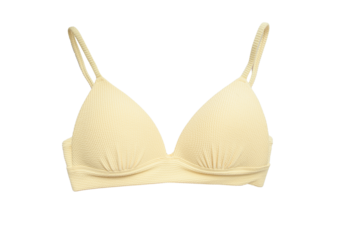 Yellow women's one-piece swimsuit,
Cream textured bikini set with rings on the bottom, isolated on white background