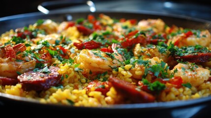Savory paella in a pan