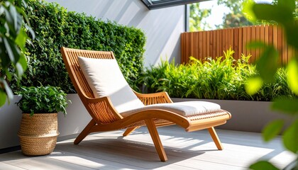 Curved wooden lounge chair with cane inset resting beside a low-profile wall planter under filtered skylight glow