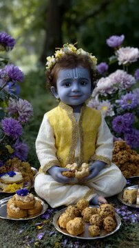Adorable Krishna tribute: Hindu toddler, cute baby, smiling lord, sacred child, blue complexion, yellow garment, joyful birth, divine monarch, Janmashtami, Rohini, Jayanti, Gokulashtami