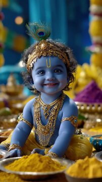 Spiritual Krishna blessing: happy birth, Hindu monarch, cute baby, smiling toddler, blue skin, yellow dress, adorable child, divine lord, Janmashtami joy, Rohini festival, Gokulashtami, Jayanti