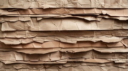 Recycled cardboard wall texture with layered paper and neutral brown tone .