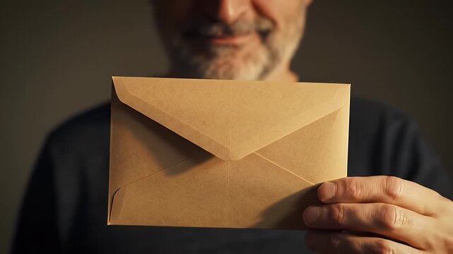 Man Presents Brown Envelope Up Close in Navy Shirt Against Grey Wall with Simple Lighting for Adobe Stock Photo
