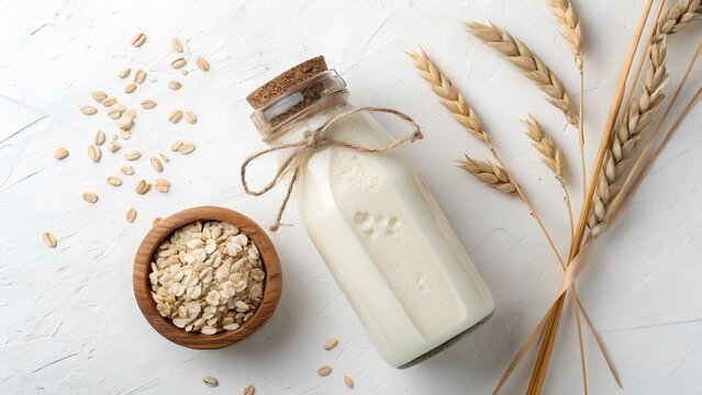 A bottle of creamy oat milk sits beside a wooden bowl of oats and wheat stalks on a white textured surface