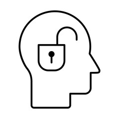 Head open padlock line icon. Open Minded concept. Unlocked thinking symbolizing open mindedness, education, therapy, mental freedom, learning, and personal growth. Key solution. Vector illustration. 
