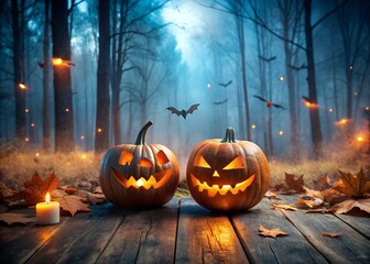 Spooky Halloween pumpkins in a dark forest setting