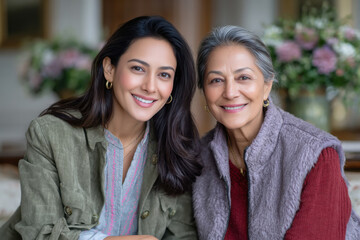 happy indian mother and daughter sitting together at home