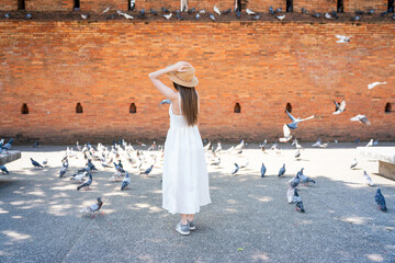 Asian tourist woman enjoying travel moments at Tha Phae Gate, Chiang Mai. Young woman in white dress surrounded by flying pigeons in historical city square.