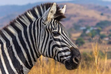Naklejka premium Close-up of a zebra's head in a grassy landscape, highlighting its striking black and white stripes
